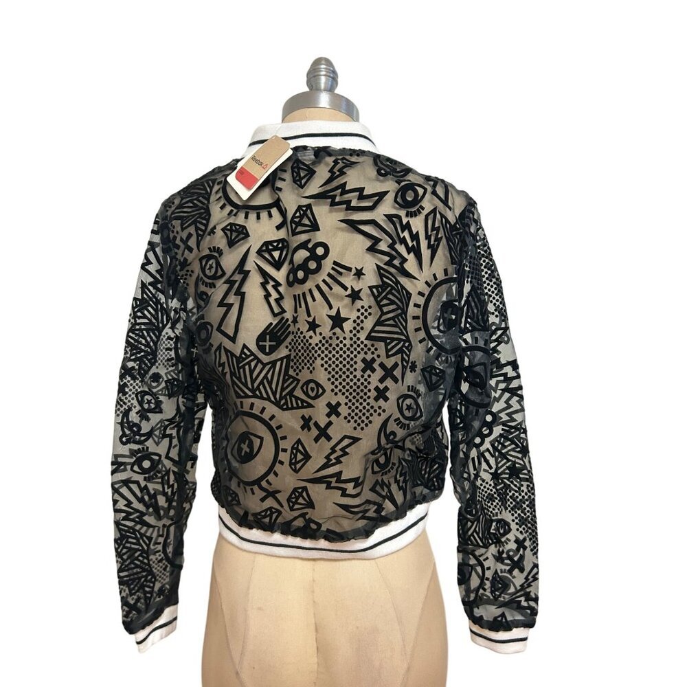 Reebok Studio Womens D Jacket NWT Sheer Black & Coal Graphic Print Bomber Small - Picture 3 of 5